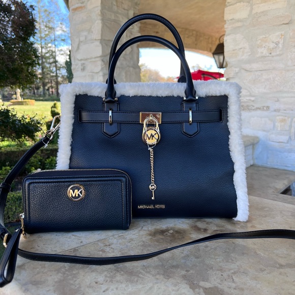 Michael Kors Hamilton fur Satchel&wallet black - Picture 1 of 14
